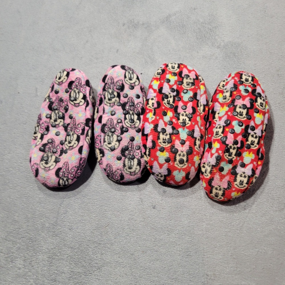 Disney Slipper Socks Girls Toddler Pink Red Minnie Mouse Fleece Non-Slip 2 Pairs